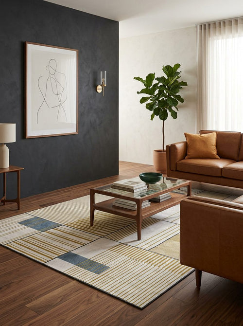 Bild 1 in Galerieansicht laden. Cream rug with a geometric grid of gold and blue stripes, styled in a modern living room with leather furniture.
