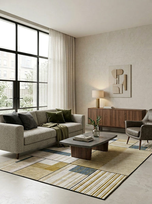 Bild 1 in Galerieansicht laden. Geometric rug with gold, blue, and cream linear patterns, styled in a modern living room.
