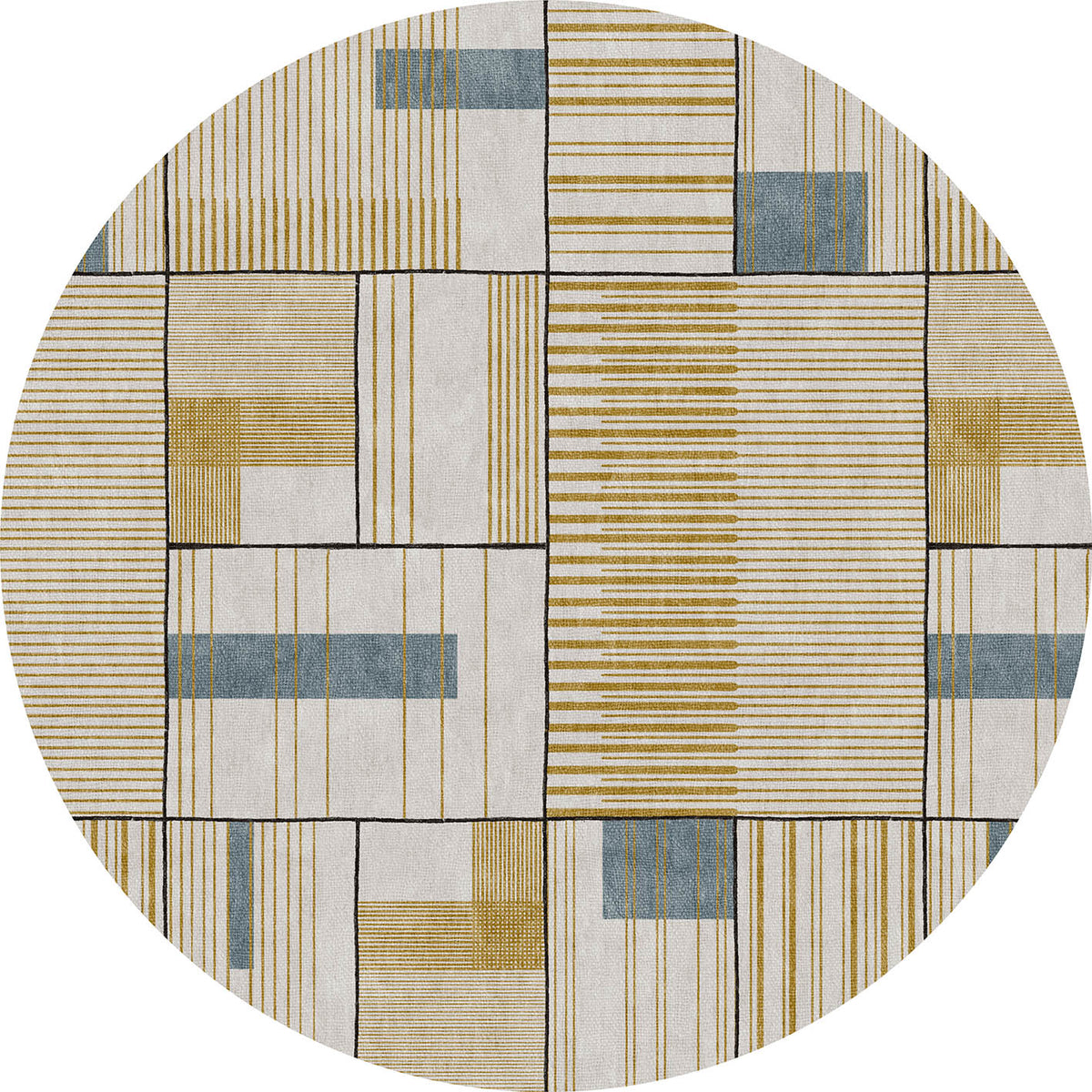 Round rug with a geometric grid pattern in cream, mustard yellow, and slate blue, featuring varied line and block motifs.
