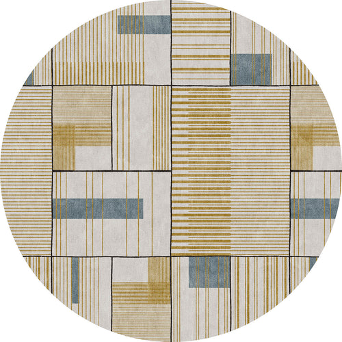 Bild 1 in Galerieansicht laden. Round rug with a geometric grid pattern in cream, mustard yellow, and slate blue, featuring varied line and block motifs.