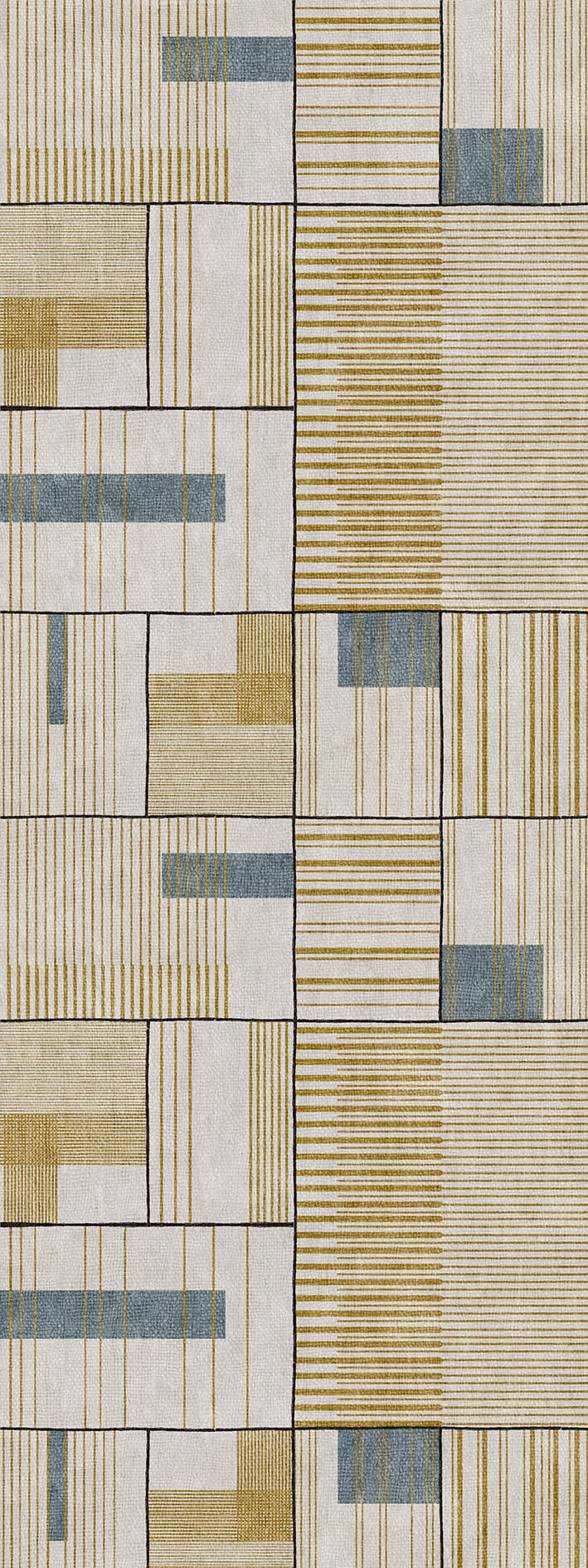 Cream, gold, and blue geometric rug featuring a grid pattern of rectangular blocks with varied linear textures.