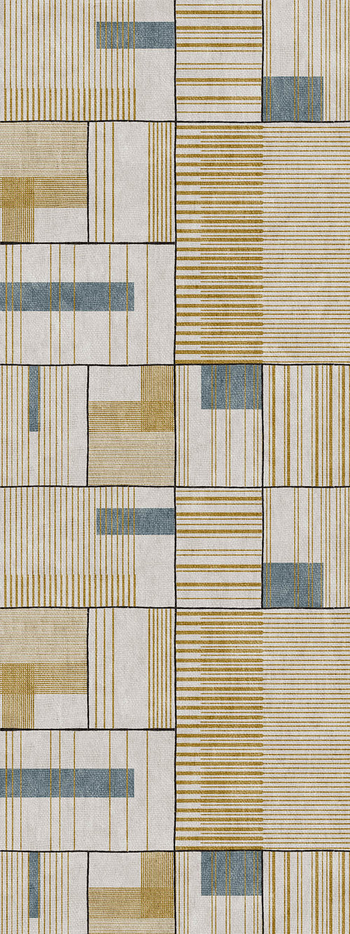 Bild 1 in Galerieansicht laden. Cream, gold, and blue geometric rug featuring a grid pattern of rectangular blocks with varied linear textures.