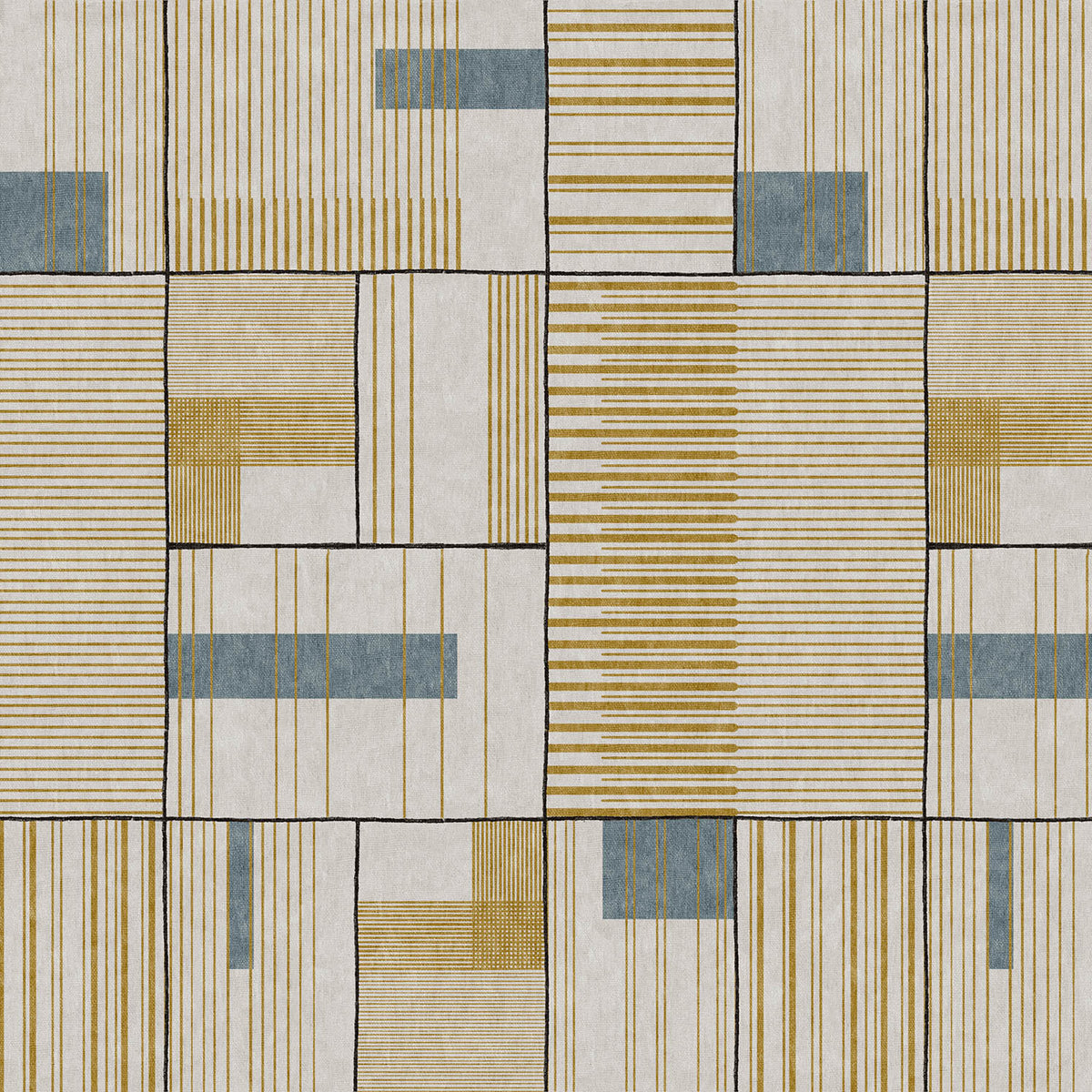 Cream rug with a geometric grid pattern of gold striped blocks and solid blue rectangular accents.