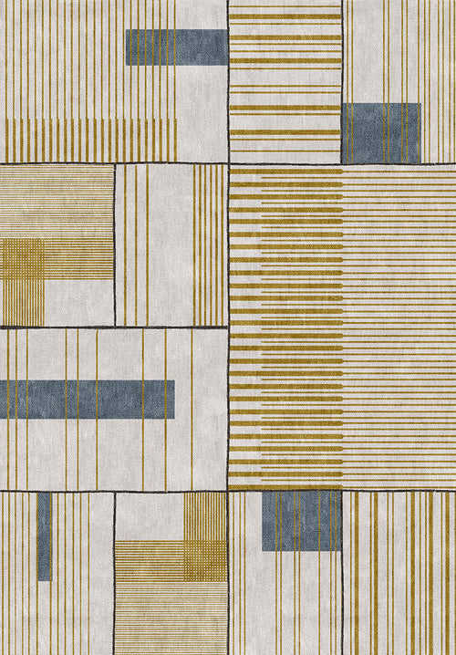 Bild 1 in Galerieansicht laden. Geometric rug with a grid pattern of gold and blue rectangular blocks featuring varied vertical and horizontal stripes.