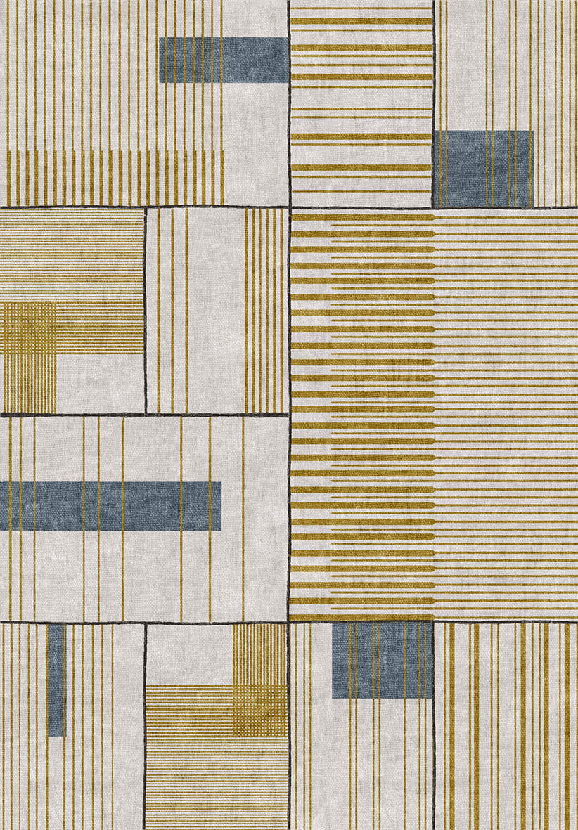 Geometric rug with a grid pattern of gold and blue rectangular blocks featuring varied vertical and horizontal stripes.