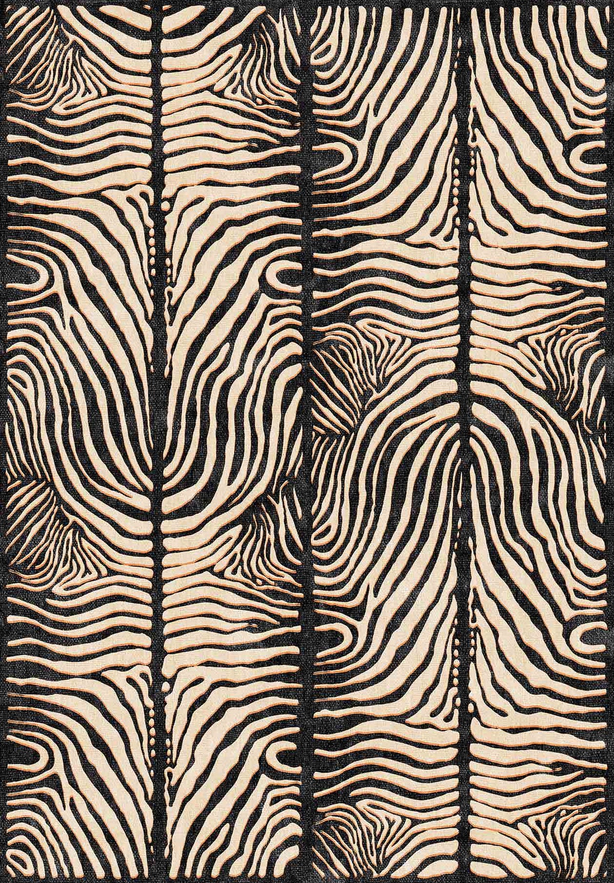The Gossamer Fade - Washable Rug - JRN44 features black and white zebra-like stripes that curve and mirror symmetrically, creating an organic, abstract look—ideal for high-traffic spaces.