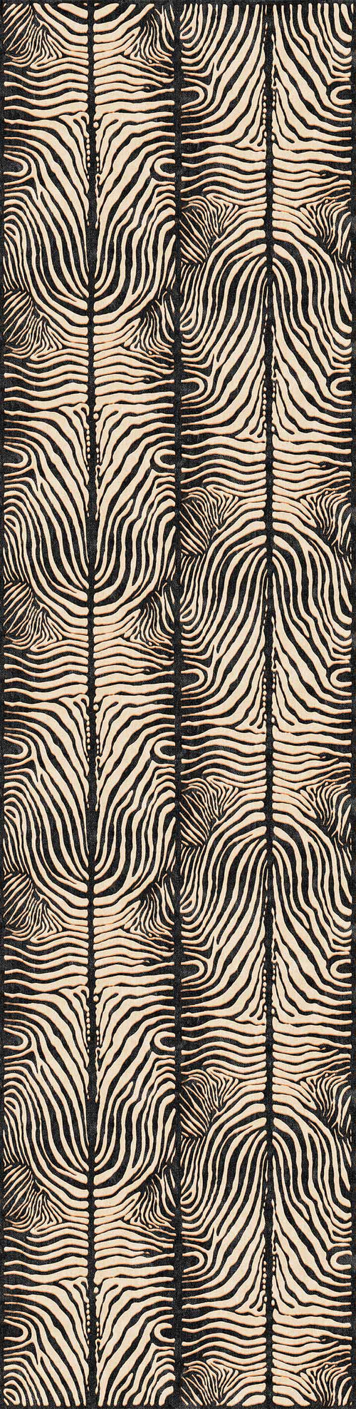 Bild 1 in Galerieansicht laden. The Gossamer Fade - Washable Rug - JRN44 features mirrored black and beige zebra stripes in a wavy, repeating animal-print pattern, perfect for allergy-sensitive homes or high-traffic areas.