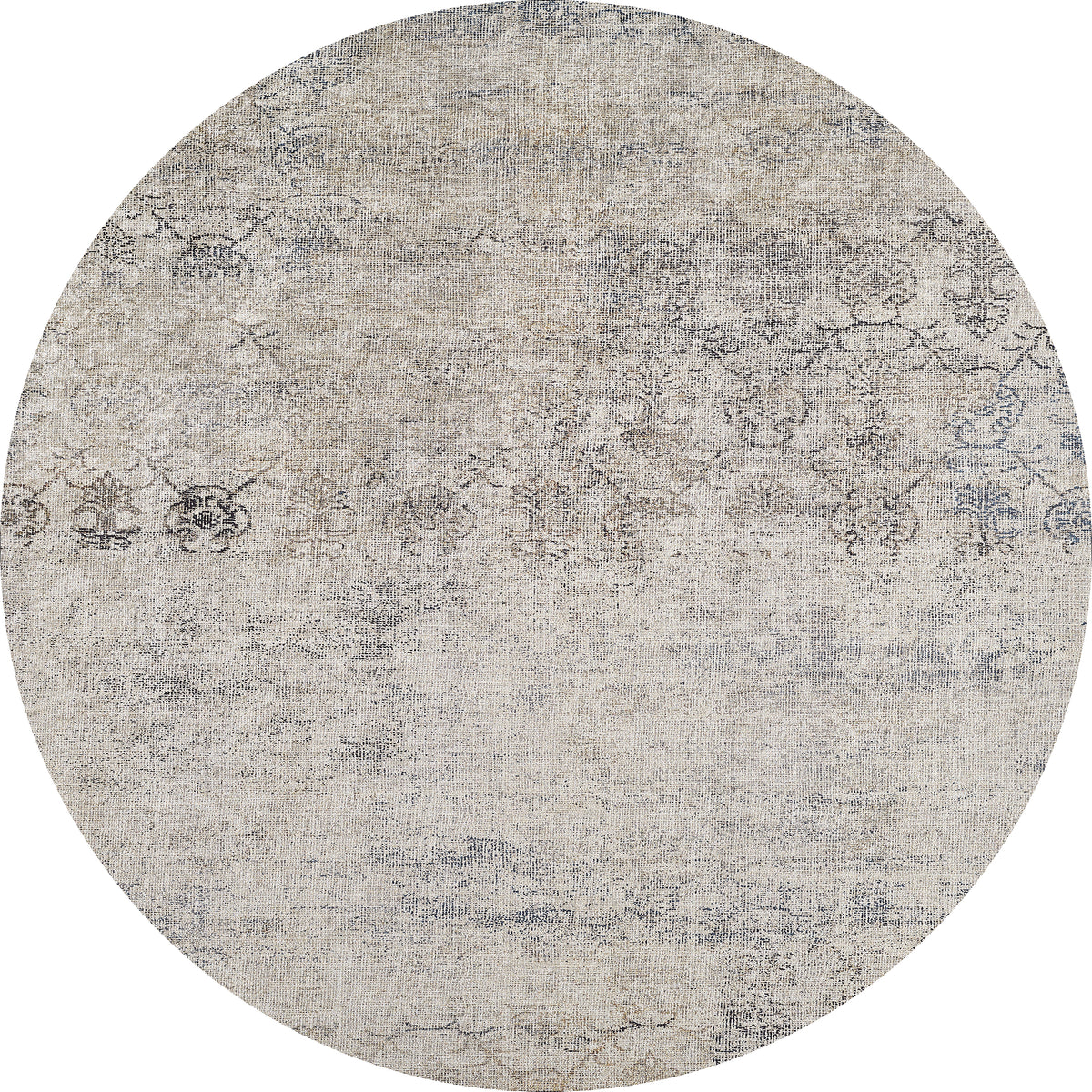 The Graceful Tapestry Washable Rug (JR1975) features an oval flat weave with a distressed cream, beige, and blue pattern. Ornamental and floral details lend a vintage look, combining style with easy care for any space.