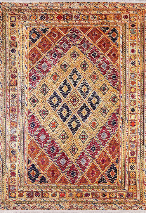 Load image 1 in gallery view. The Grandiose Grace - Washable Rug - JR44 (Custom Size) features a geometric diamond pattern in red, yellow, and blue with intricate motifs and decorative borders—perfect for high-traffic areas.