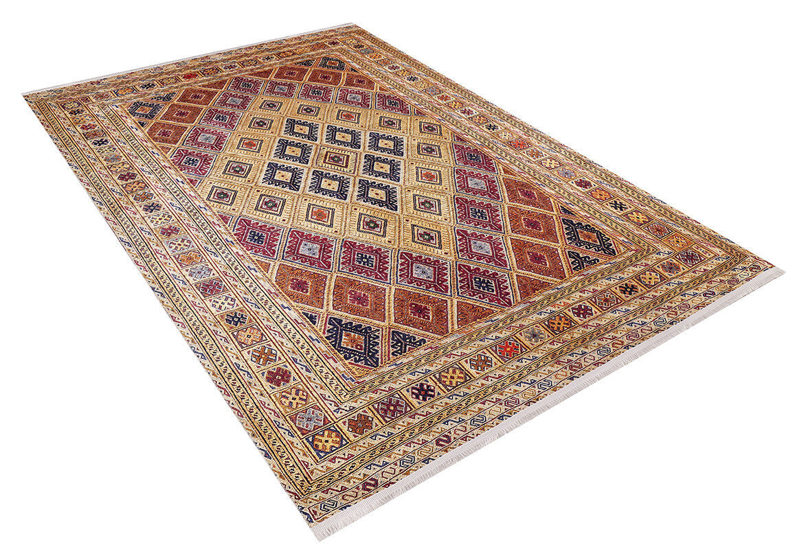 The Grandiose Grace - Washable Rug - JR44 (Custom Size) features geometric diamond and star patterns in red, gold, and blue with intricate borders and fringed edges, offering style and durability for high-traffic spaces.