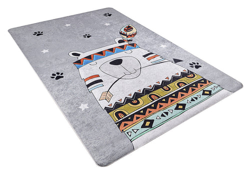 Load image 1 in gallery view. The Groovy Bear - Machine-Washable Rug JRC093 (Custom Size) is a rectangular gray-anthracite rug with a colorful cartoon bear, tribal patterns, feathered headband, paw prints, and white stars—ideal for lively spaces.