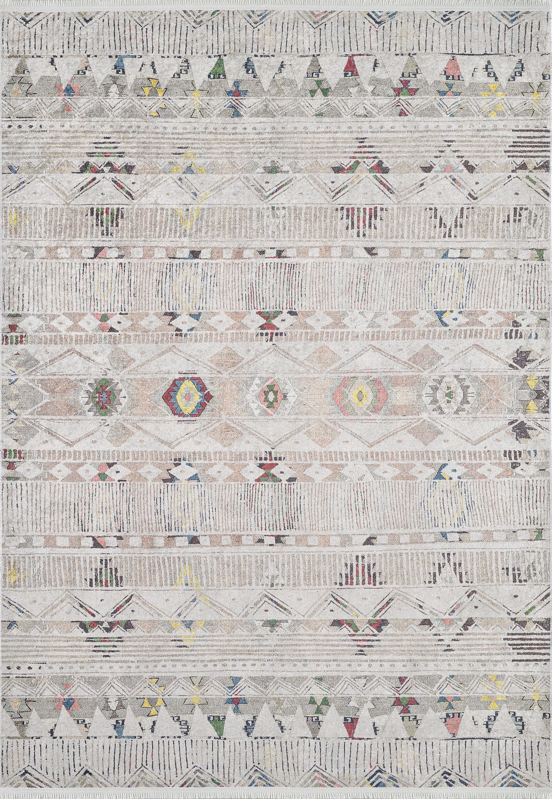 The Gypsy Glam - Washable Rug - JR1716 (Custom Size) features a light neutral background with geometric diamond patterns in muted red, yellow, blue, and green—perfect for adding style to any cream and beige rug collection.