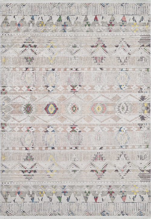 Bild 1 in Galerieansicht laden. The Gypsy Glam - Washable Rug - JR1716 (Custom Size) features a light neutral background with geometric diamond patterns in muted red, yellow, blue, and green—perfect for adding style to any cream and beige rug collection.