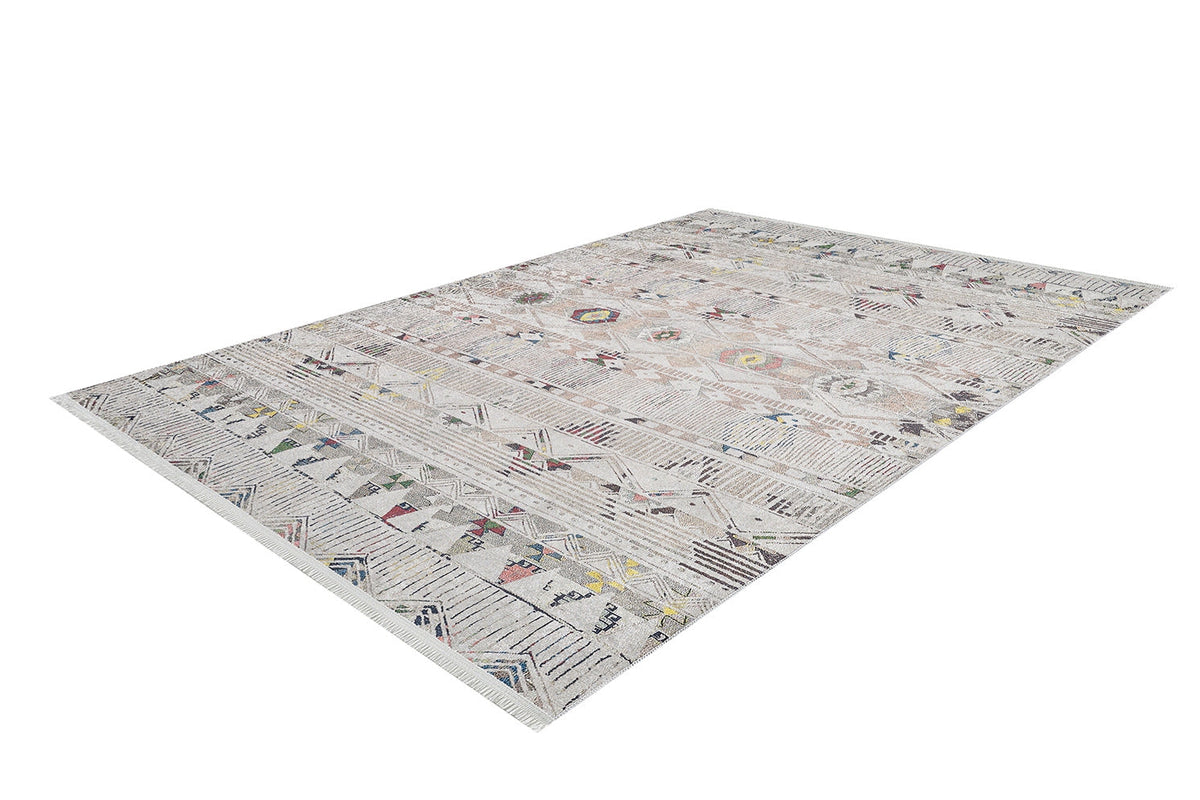 The Gypsy Glam - Washable Rug - JR1716 (Custom Size) is a rectangular flat weave area rug in light beige, with subtle geometric and tribal-inspired patterns in muted green, red, and blue for stylish, easy-care decor.