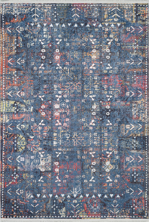 Load image 1 in gallery view. The Gypsy Glitz - Washable Rug - JR1650 (Custom Size) features an intricate distressed pattern with blue, red, yellow, and white geometric motifs and a decorative border—perfect for high-traffic areas.