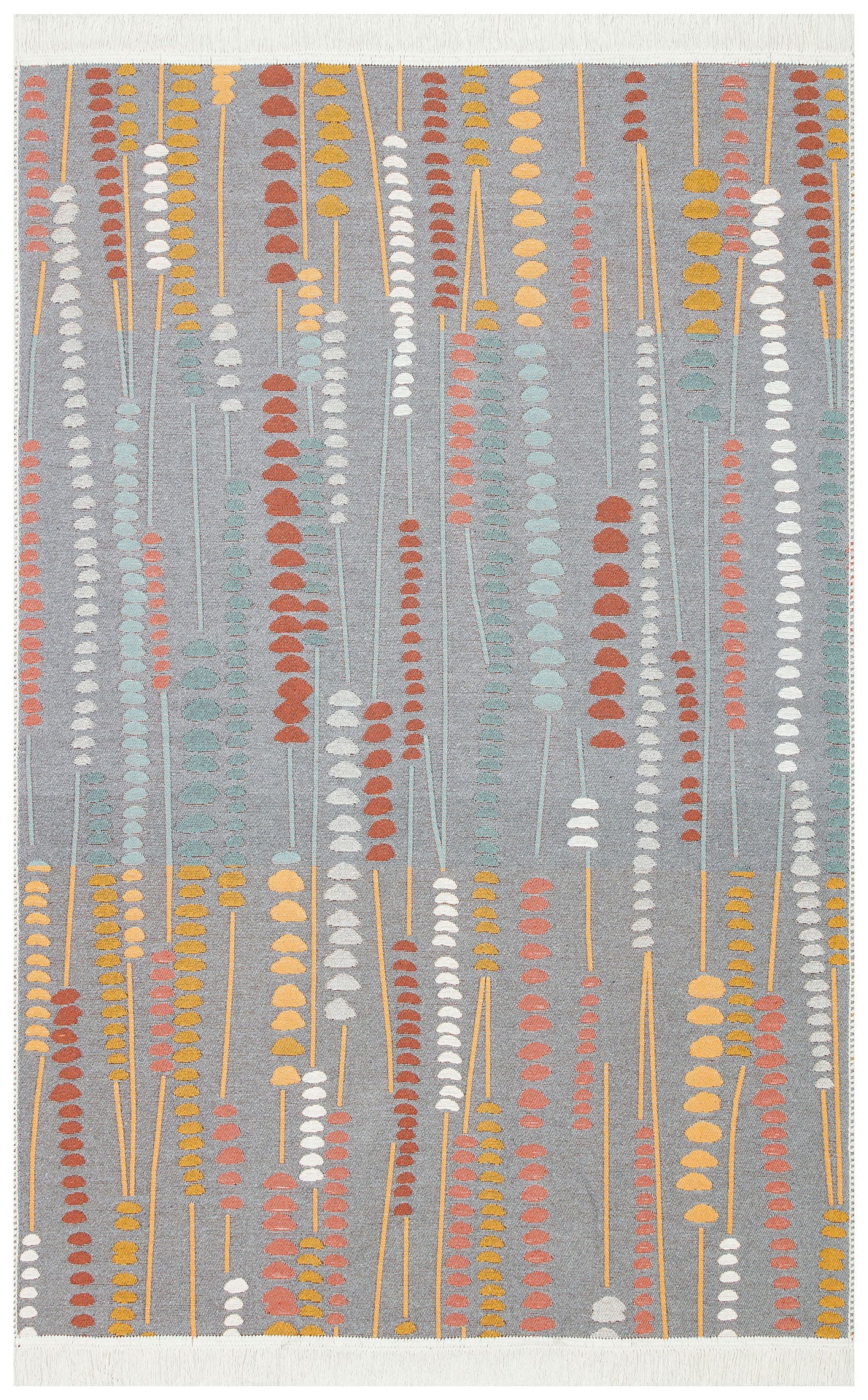 The Harmony Weave - Washable Reversible Kilims - AR34 is a rectangular, washable rug with a gray background and vertical lines of small orange, yellow, white, and light blue shapes—abstract plant stems—with white fringes on each end.