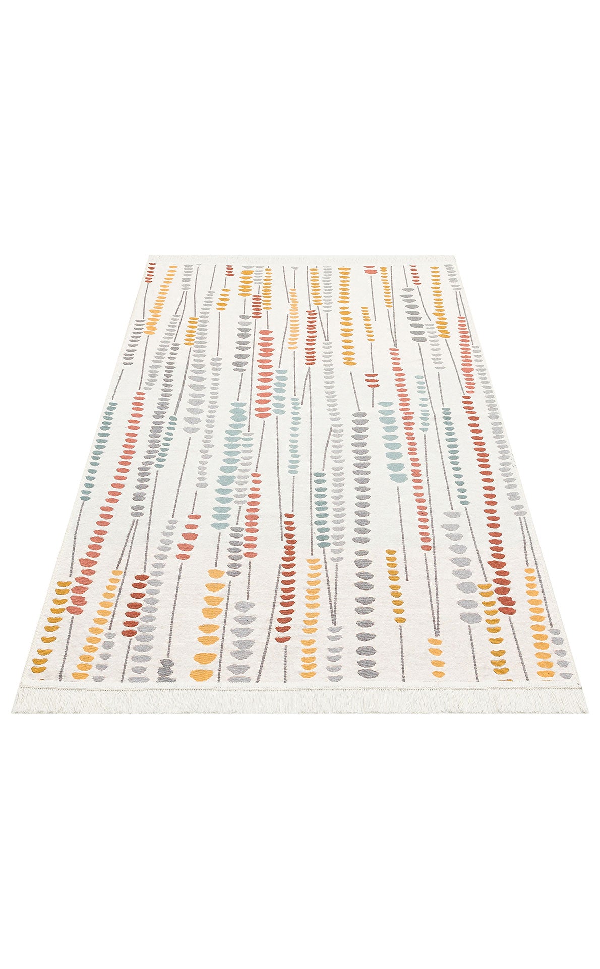 The Harmony Weave - Washable Reversible Kilims - AR34 is a rectangular area rug with a white base, featuring vertical rows of abstract shapes in yellow, orange, grey, and teal for a modern, playful look.