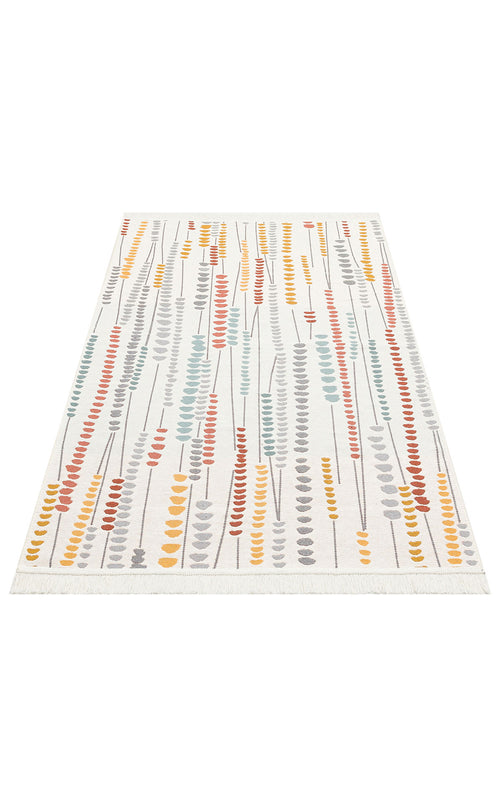 Load image 1 in gallery view. The Harmony Weave - Washable Reversible Kilims - AR34 is a rectangular area rug with a white base, featuring vertical rows of abstract shapes in yellow, orange, grey, and teal for a modern, playful look.