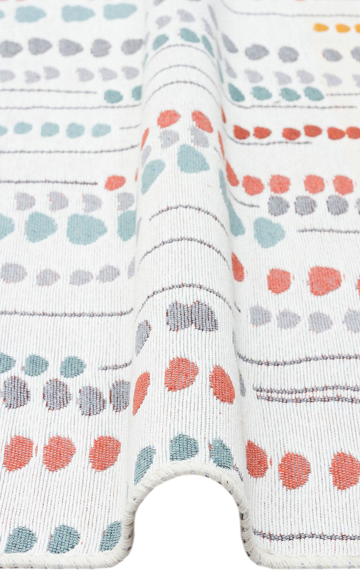 A close-up of Harmony Weave - Washable Reversible Kilims - AR34 shows white textured fabric with blue, orange, and gray dots and thin lines. The multicolor geometric kilim-inspired material is draped to form a soft fold in the center.
