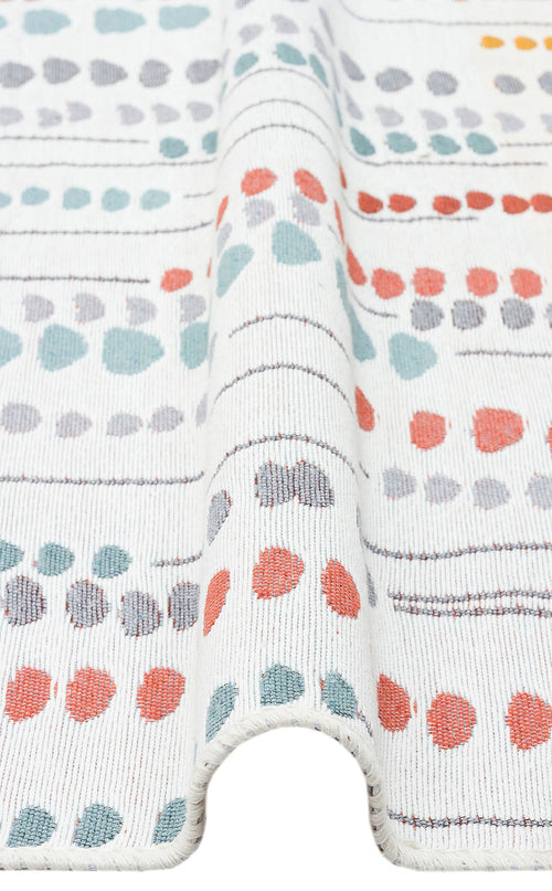 Load image 1 in gallery view. A close-up of Harmony Weave - Washable Reversible Kilims - AR34 shows white textured fabric with blue, orange, and gray dots and thin lines. The multicolor geometric kilim-inspired material is draped to form a soft fold in the center.
