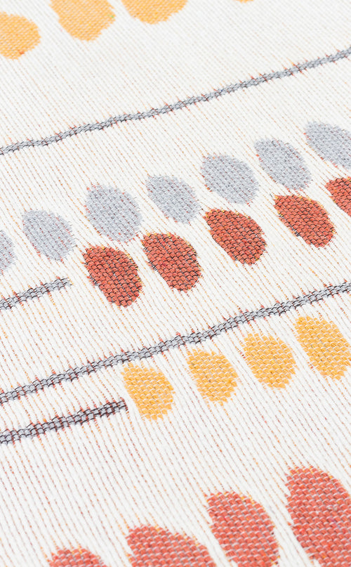 Load image 1 in gallery view. Close-up of Harmony Weave - Washable Reversible Kilims - AR34, featuring multicolor geometric ovals in yellow, gray, and rust red on white, separated by thin black lines—ideal as a contemporary rug accent.