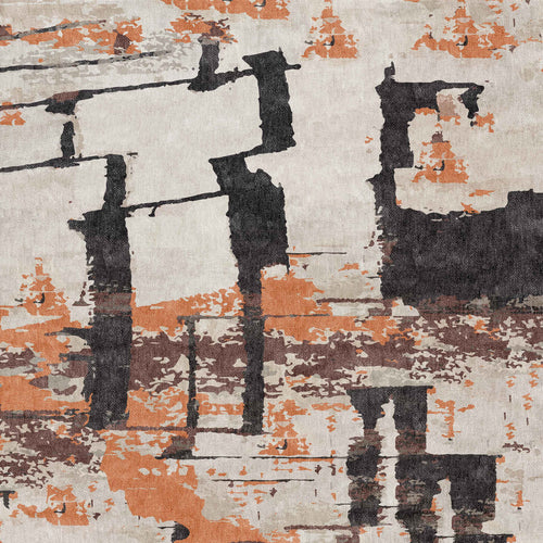 Bild 1 in Galerieansicht laden. The Heirloom Touch - Washable Rug - JRN42 features large, bold black brushstrokes over textured orange, brown, and beige patches, creating a layered look—ideal for modern interiors or as flat weave rug inspiration.