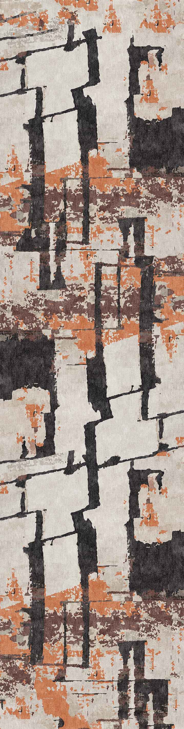 The Heirloom Touch - Washable Rug - JRN42 (Custom Size) features irregular black, rust orange, and beige brushstrokes in a dynamic distressed pattern on a light background—ideal for high-traffic areas.