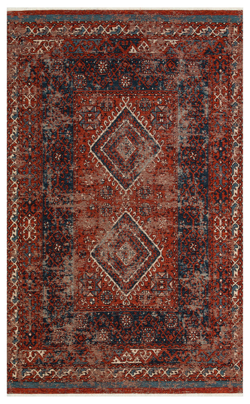 Load image 1 in gallery view. The Heritage Blend - Washable Kilims - AND02 is a rectangular Persian-inspired chenille polyester rug in red, blue, and cream with two large diamond medallions, intricate geometric and floral designs—an allergy-friendly choice for style and comfort