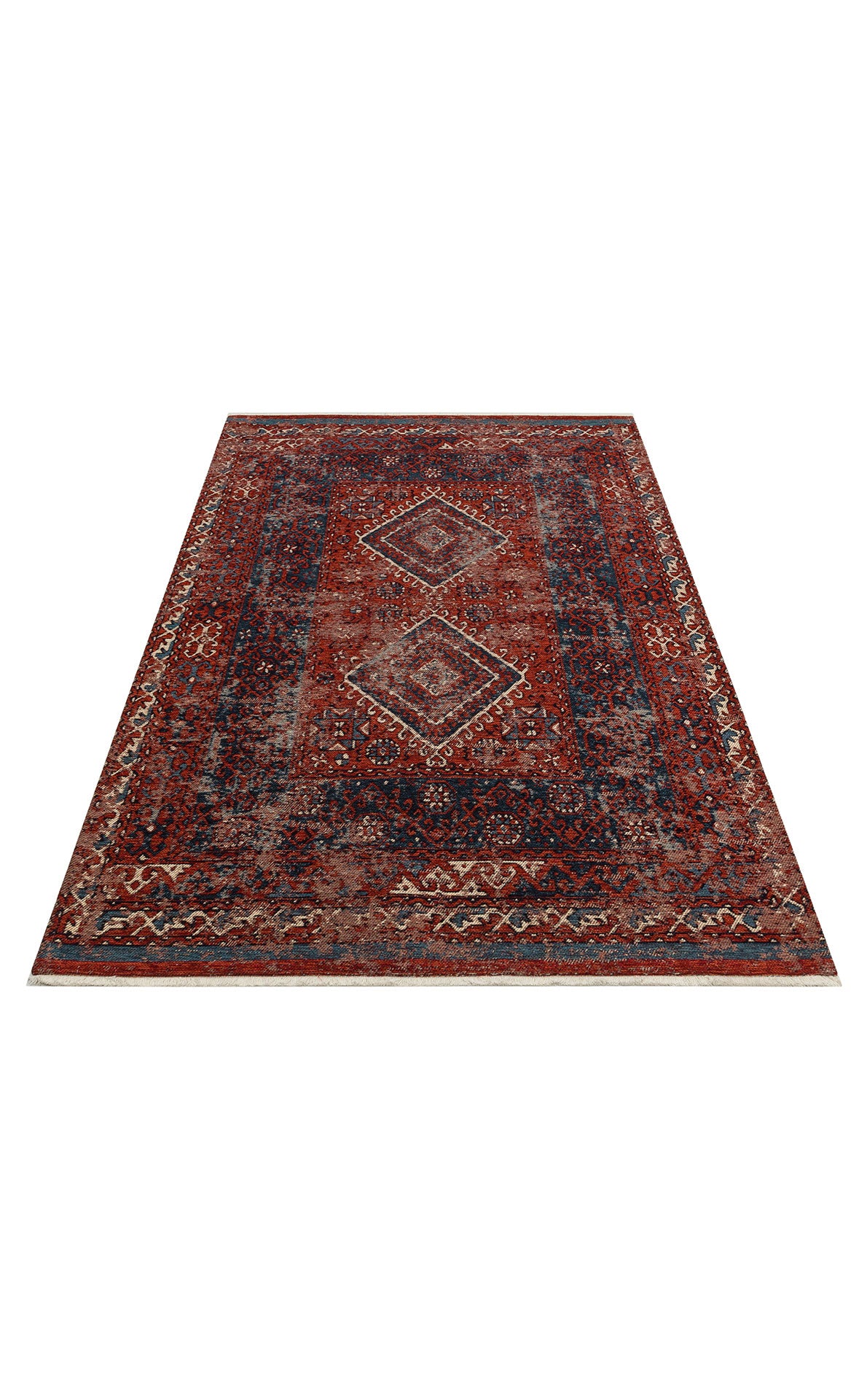 The Heritage Blend - Washable Kilims - AND02 is a rectangular chenille polyester rug in red and navy, featuring geometric shapes and intricate borders. Allergy conscious and easy to care for, it adds traditional style to any space. Displayed on a white background
