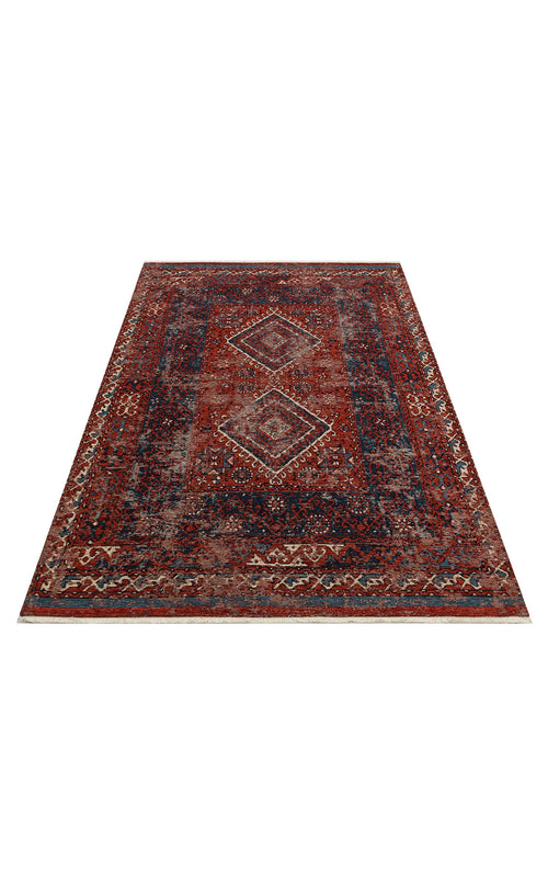 Load image 1 in gallery view. The Heritage Blend - Washable Kilims - AND02 is a rectangular chenille polyester rug in red and navy, featuring geometric shapes and intricate borders. Allergy conscious and easy to care for, it adds traditional style to any space. Displayed on a white background