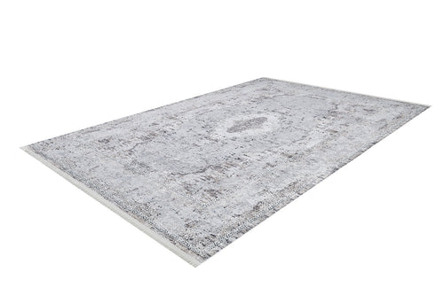 Load image 1 in gallery view. The Heritage Jewel - Washable Rug - JR1778 (Custom Size) is a rectangular gray-anthracite rug with a subtle, distressed light gray pattern, faint central medallion, and fringed edges. Perfect for high-traffic areas, shown against a white background.