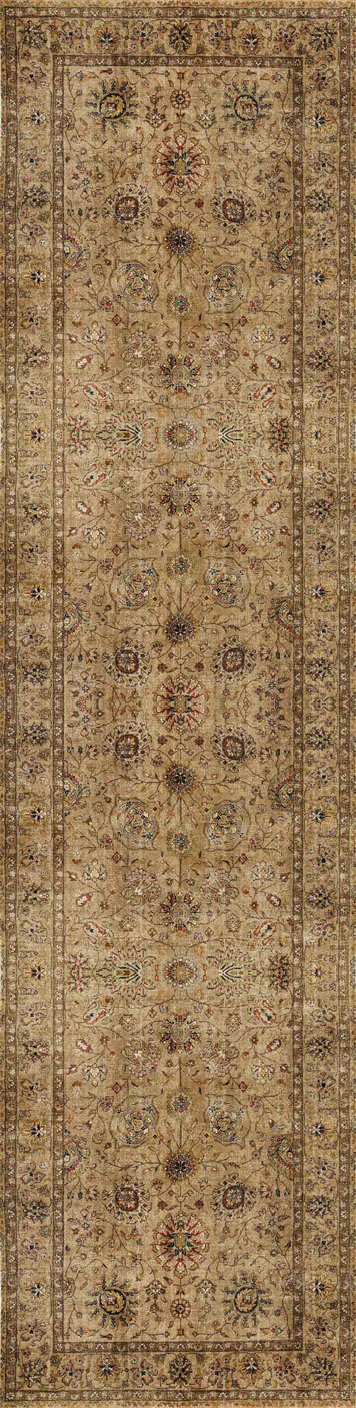 Load image 1 in gallery view. The Heritage Threads - Washable Rug - JRN1007 features a long, rectangular shape with a bordered design, intricate floral and geometric patterns in beige, brown, and muted red—ideal for traditional interiors and easy to clean.