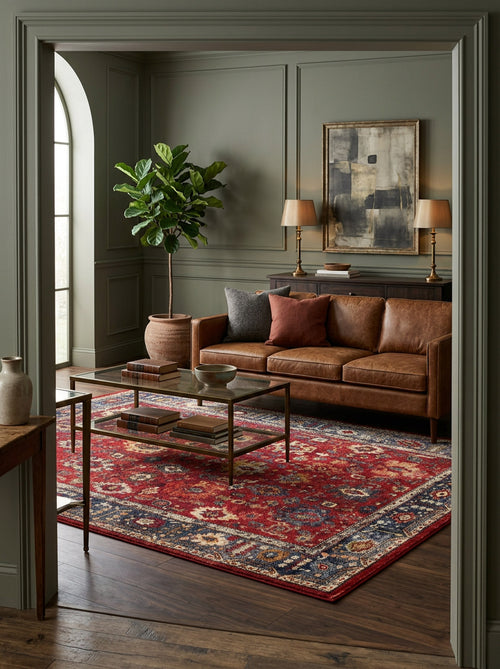 Load image 1 in gallery view. A stylish living room with green walls, a brown leather sofa, glass coffee table, large potted plant, modern art, and two table lamps on a dark console features the Historic Hues - Washable Rug - JR898—ideal for high-traffic spaces.
