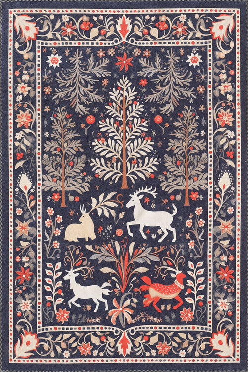 Load image 1 in gallery view. The Holiday Heart Washable Area Rug - MDJ001 has a dark background with stylized trees, flowers, and animals—including a unicorn, deer, and fox—in cream, red, and orange. Its floral border makes it ideal for high-traffic areas.