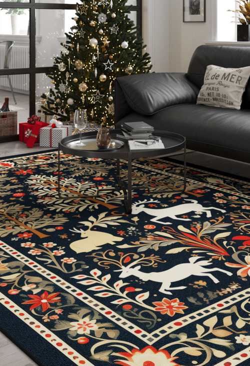 Load image 1 in gallery view. A festive living room with a Christmas tree, gray sofa, and round table. Wrapped gifts sit by large windows as the Holiday Heart Washable Area Rug - MDJ001 with floral and deer designs adds cheer—perfect for high-traffic areas.