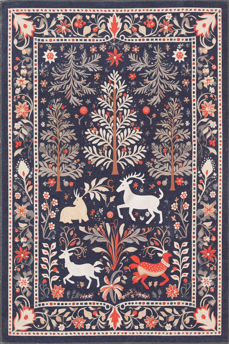 The Holiday Heart Washable Area Rug - MDJ001 (Custom Size) features stylized trees, flowers, and animals—unicorn, deer, rabbit, fox—in multicolor on a dark blue background with intricate borders. Durable for high-traffic areas.