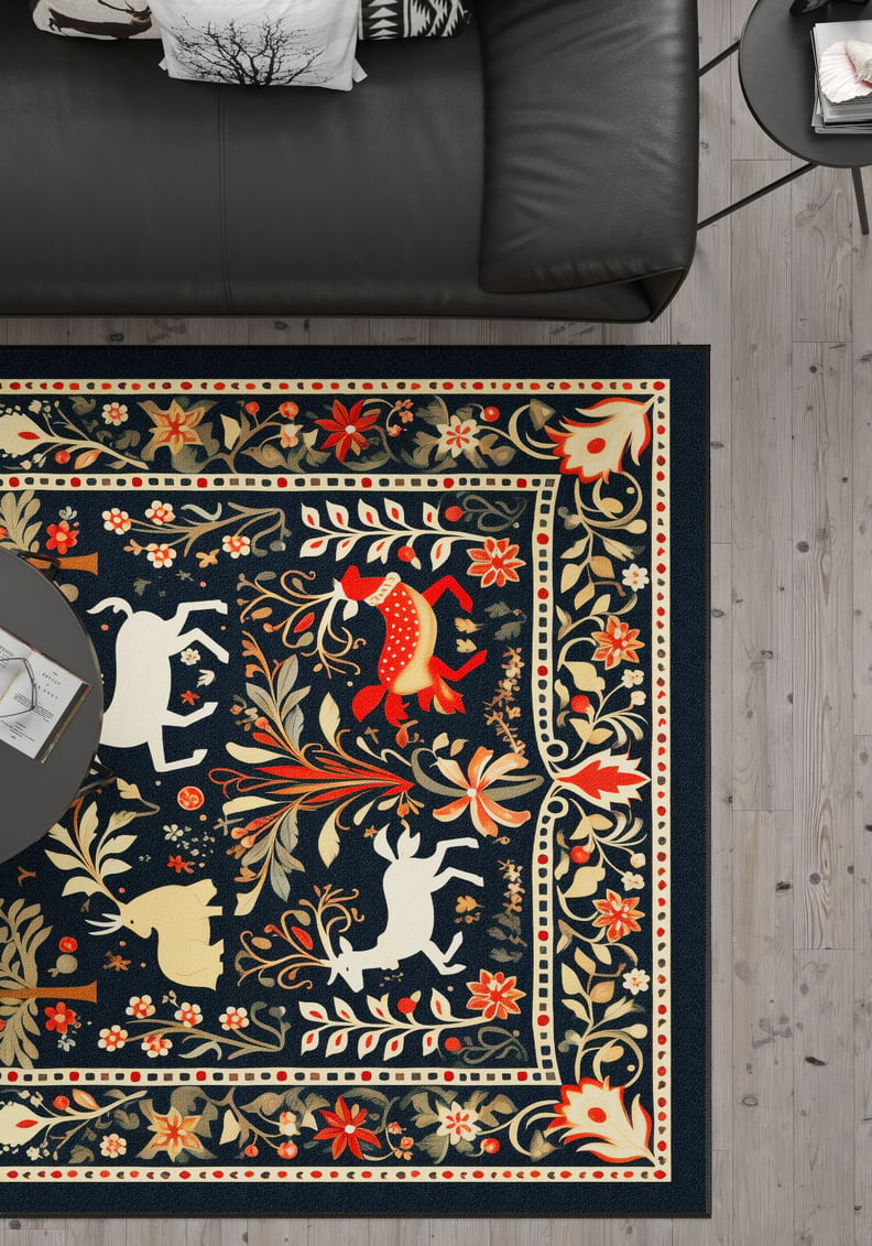 The Holiday Heart Washable Area Rug - MDJ001 (Custom Size), featuring a vibrant multicolor floral border and animal motifs like white horses and a red deer, lies on a light wood floor by a black leather sofa—perfect for high-traffic spaces.