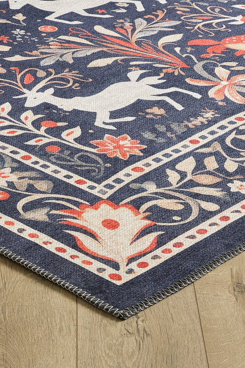 Load image 1 in gallery view. A close-up of the Holiday Heart Washable Area Rug - MDJ001 (Custom Size), featuring a folk-inspired design with white animals, floral patterns, and borders in navy blue, cream, and red—perfect for high-traffic wooden floors.