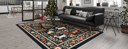 Load image 1 in gallery view. A modern living room with a black leather sofa and the Holiday Heart Washable Area Rug - MDJ001 (Custom Size), featuring animal and floral motifs—ideal for high-traffic areas. A decorated Christmas tree with gifts is set near large windows and a dining area.