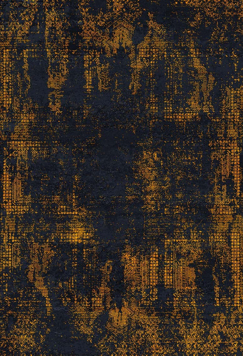 Load image 1 in gallery view. The Hushed Tones - Washable Rug - JR1428 (Custom Size) features golden yellow geometric shapes and faded textures on a dark background, offering a distressed digital look ideal for high-traffic areas with its grungy, irregular appeal.