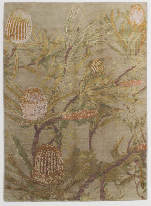 Load image 1 in gallery view. Dreamweaver's Loom - Washable Rug - JRS001 (Custom Size) showcases artistic protea flowers and leafy branches in earthy green, brown, and beige—perfect decor for high-traffic areas.