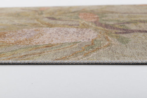 Load image 1 in gallery view. Close-up of Dreamweaver's Loom - Washable Rug - JRS001 (Custom Size) in muted earth tones, featuring a flat, thin profile and detailed stitched border—perfect for high-traffic areas, shown on a smooth white surface.