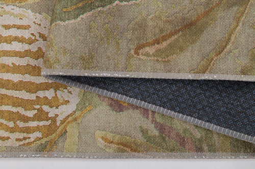 Load image 1 in gallery view. A close-up of the Dreamweaver's Loom - Washable Rug - JRS001 (Custom Size) in muted earth tones, perfect for high-traffic areas, with a flipped corner revealing its dark, textured non-slip backing.