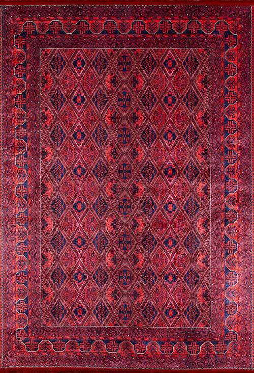Load image 1 in gallery view. The Imperial Impressions - Washable Rug - JR1132 (Custom Size) features a rich red background with diamond and geometric motifs in deep red and blue, framed by a classic border—perfect for high-traffic areas and effortless cleaning.