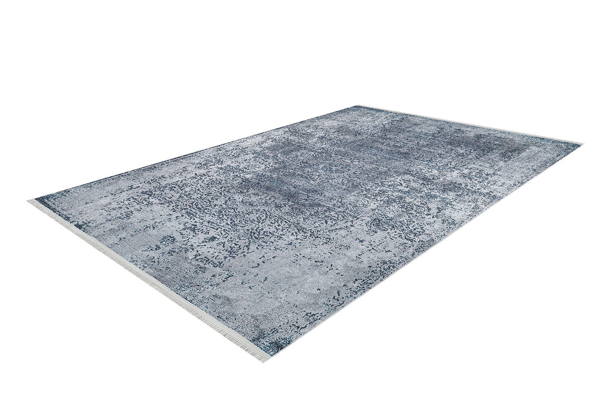 The Imperial Lace - Washable Rug - JR1607 (Custom Size) features a rectangular blue and gray distressed pattern, slightly faded, ideal for high-traffic areas, shown against a white background.