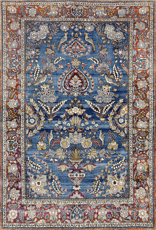 Load image 1 in gallery view. The Imperial Medallion - Washable Rug - JRN1006 features a blue background with intricate Persian-style floral patterns, birds, and vases in cream, red, gold, and brown tones, framed by a detailed red and cream border.