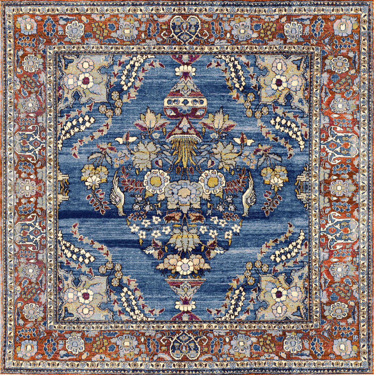The Imperial Medallion - Washable Rug - JRN1006 is a square Persian-style piece with a rich blue background, detailed floral and vase motifs in gold, white, and red, and a decorative border of geometric and floral designs.