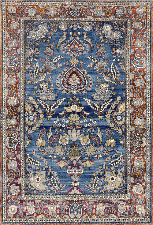 Load image 1 in gallery view. The Imperial Medallion - Washable Rug - JRN1006 (Custom Size) features a blue background with intricate floral and vine patterns, birds, and an ornate border in red, ivory, and gold for a classic Oriental-inspired look.