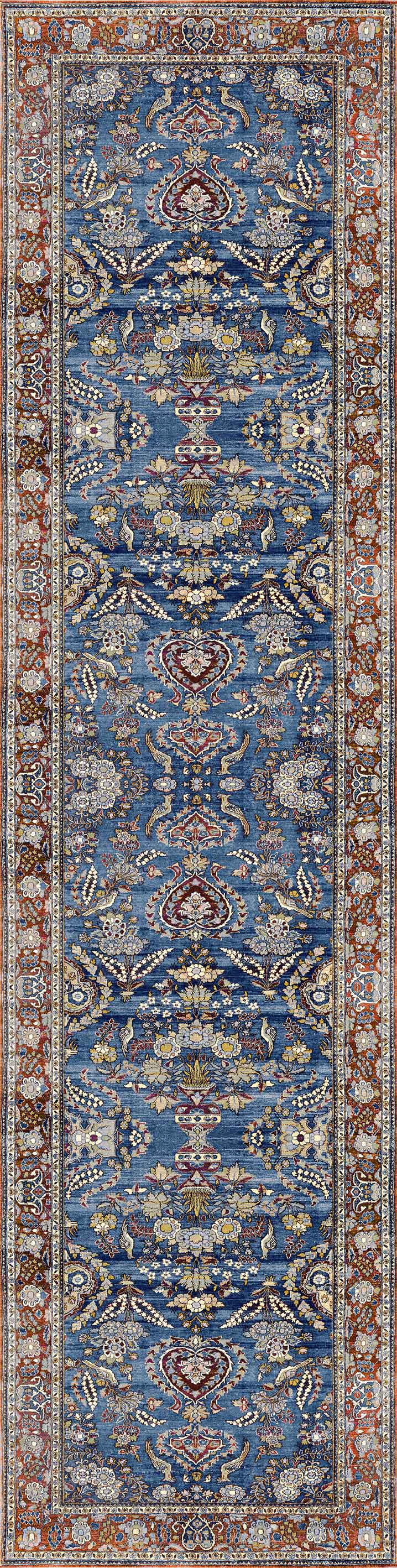 The Imperial Medallion - Washable Rug - JRN1006 (Custom Size) is a rectangular rug with an ornate, symmetrical floral design in blue, gold, beige, and rust tones, accented by a detailed border for an elegant Oriental-inspired look.