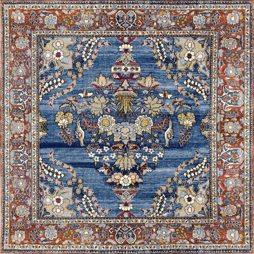 Load image 1 in gallery view. The Imperial Medallion - Washable Rug - JRN1006 (Custom Size) features a blue background with ornate gold, white, and red floral patterns and an outer border of repeating flowers in rust, beige, and blue—classic traditional charm.